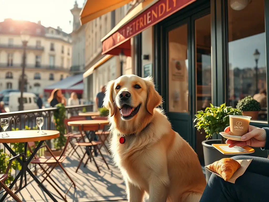 A golden retriever sits happily at an outdoor cafe in Paris, France, with its owner enjoying coffee and a croissant. The cafe has a 'Pet-Friendly' sign.