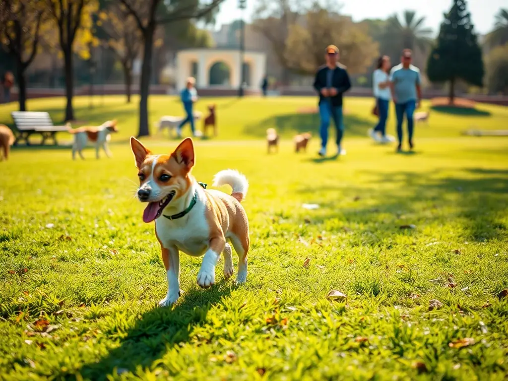 A small dog plays in a designated dog park area in Barcelona, Spain, with other dogs and their owners. The park is clean and well-maintained.