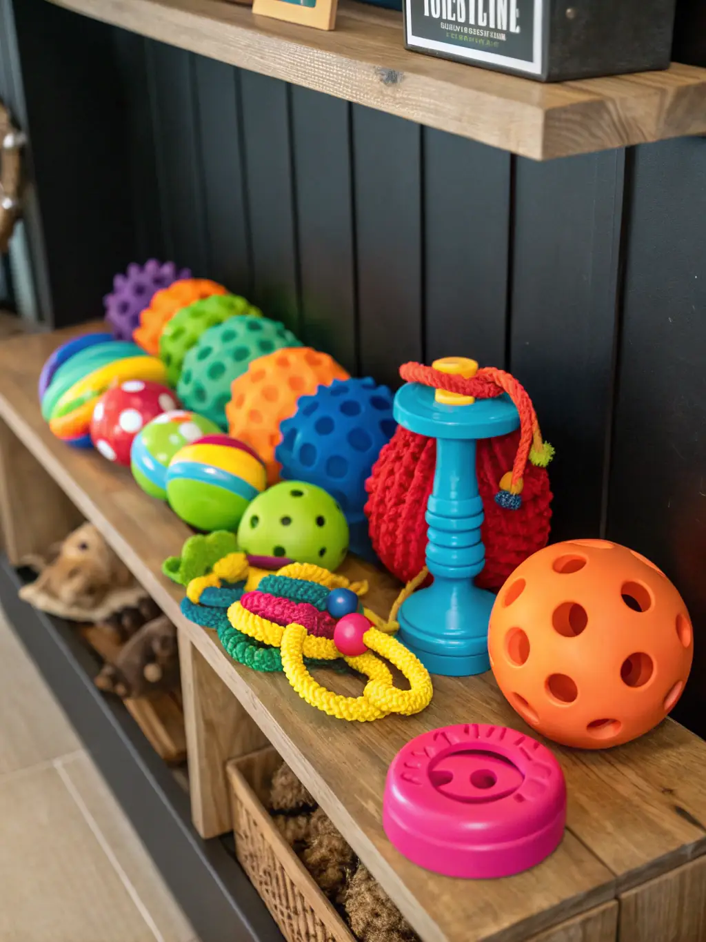 A colorful and engaging photo showcasing a range of dog and cat toys, including plush toys, chew toys, and interactive toys, arranged to attract attention on a pet product website.