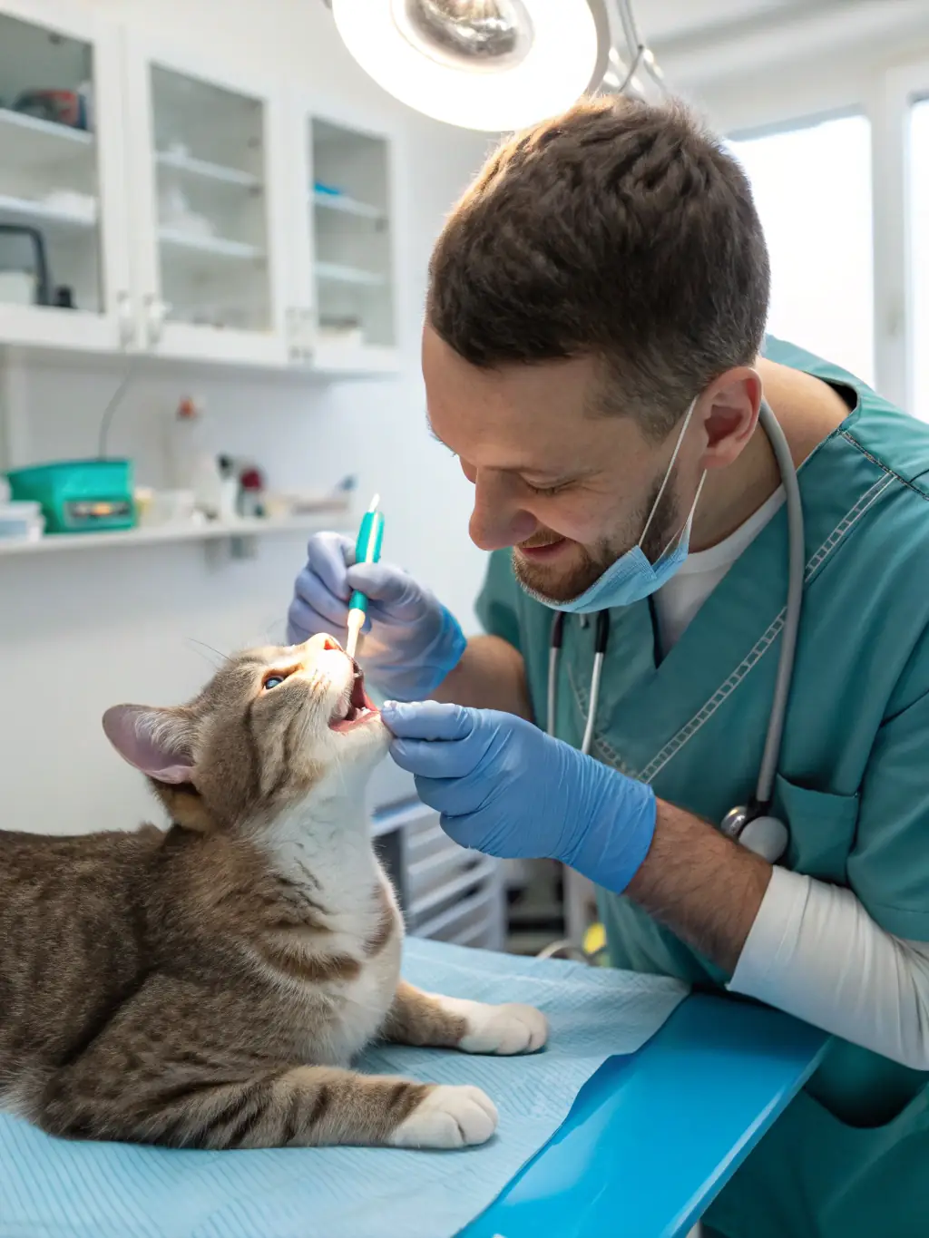 A veterinarian examining a cat's teeth during a routine check-up, underscoring the significance of preventative care for long-term well-being.