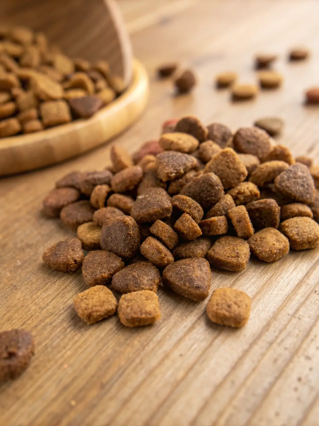 A close-up studio shot of a variety of dry and wet dog food options, highlighting different brands and ingredients, presented in a visually appealing manner for a pet product website.