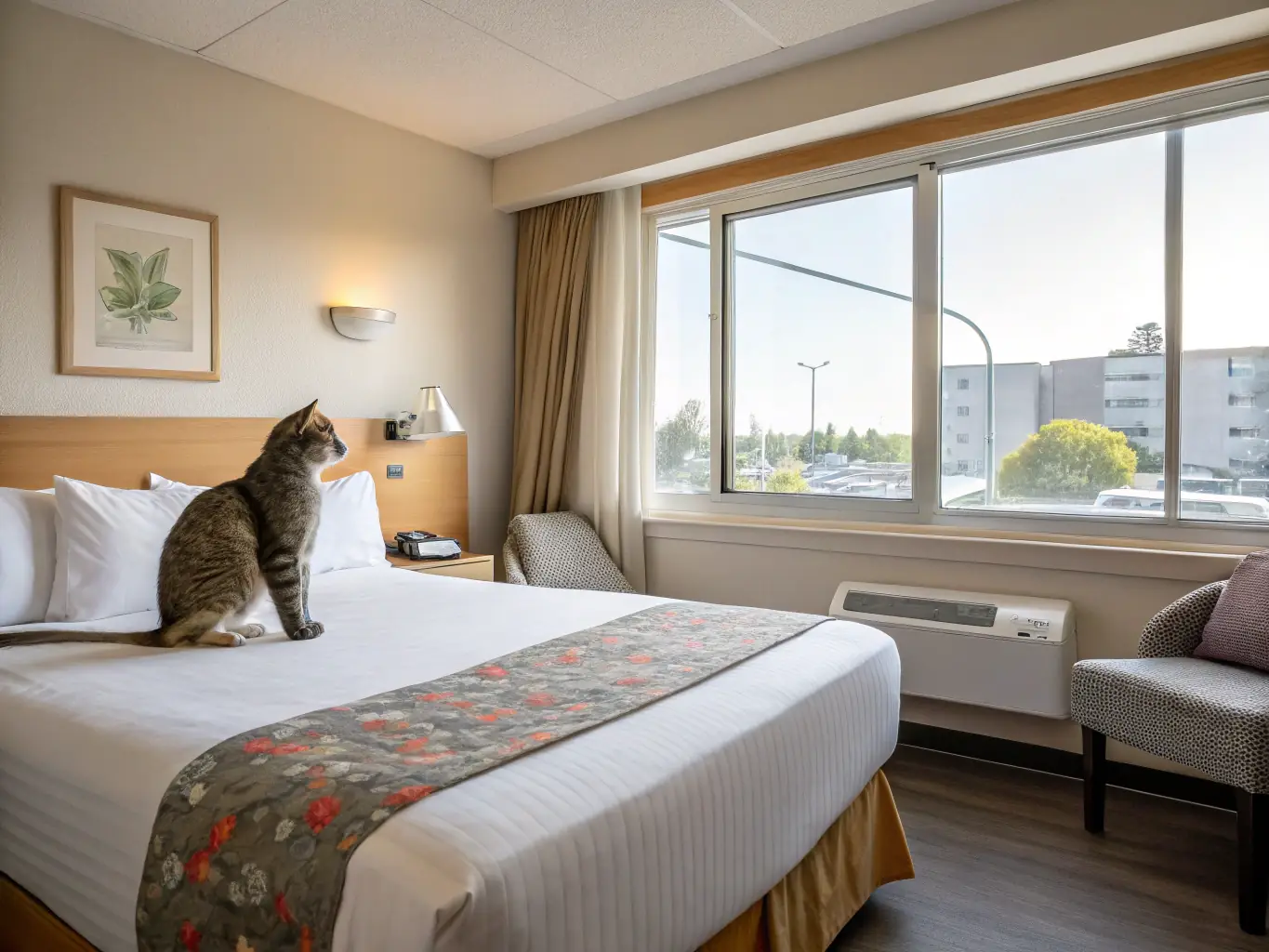 A cat sits comfortably on a bed in a hotel room in Rome, Italy. The room is spacious and well-lit, with a view of the city.