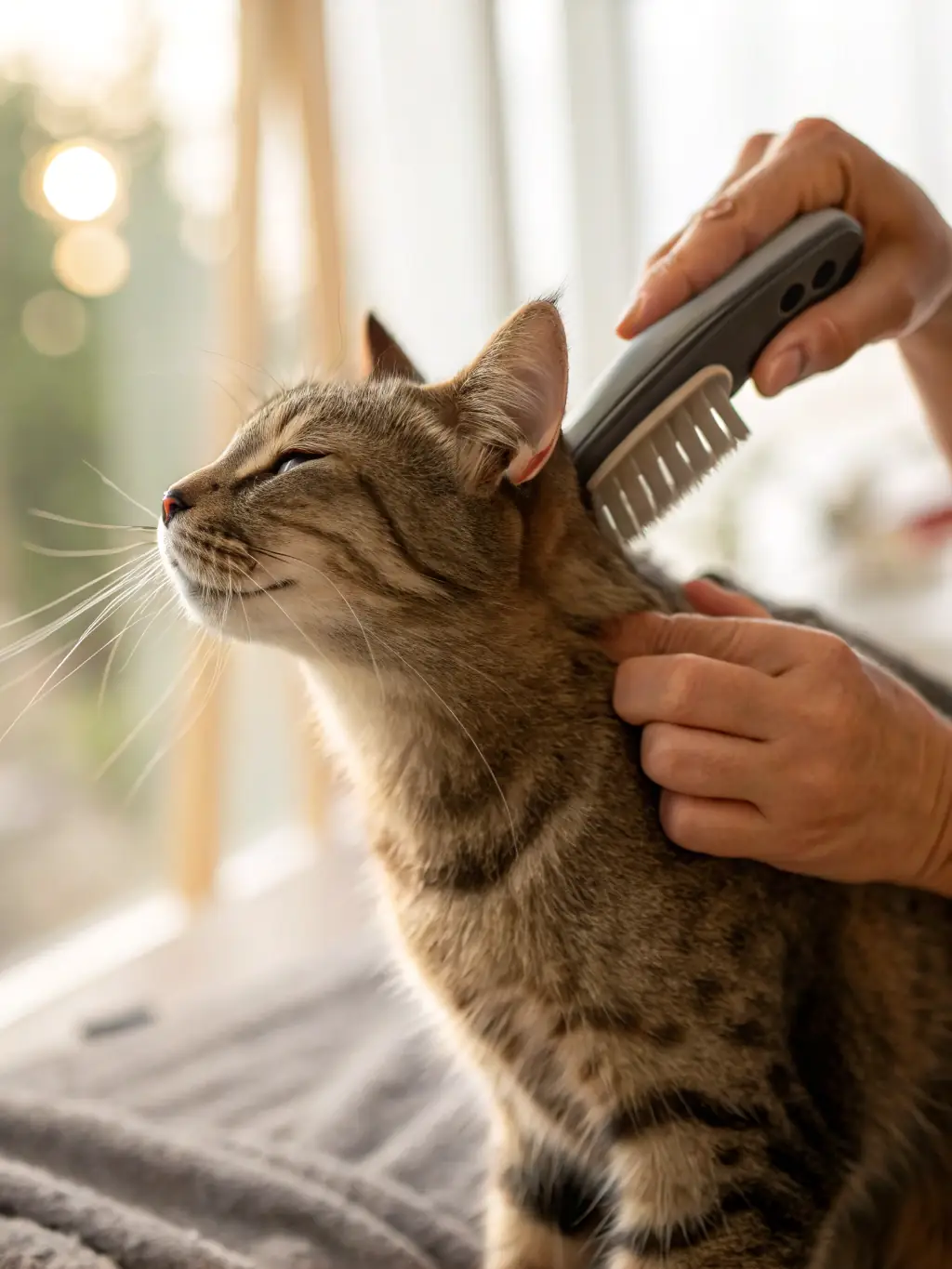 A fluffy Persian cat being gently brushed by its owner, highlighting the importance of regular grooming for feline hygiene.