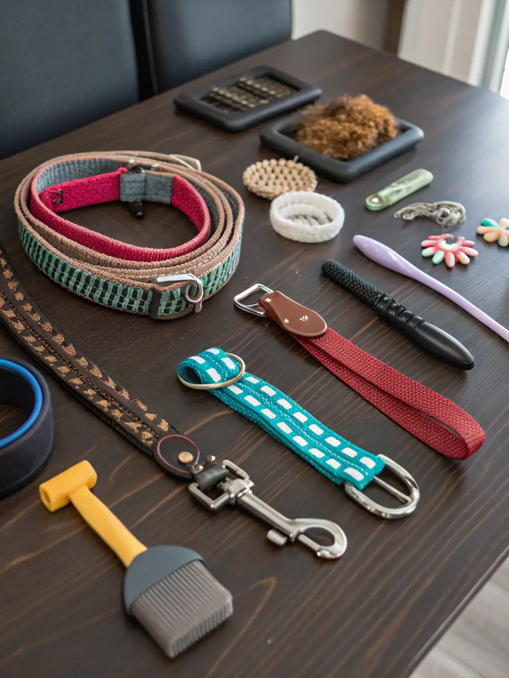 A well-lit image displaying various pet accessories such as collars, leashes, beds, and bowls, arranged neatly to showcase their quality and design on a pet product website.