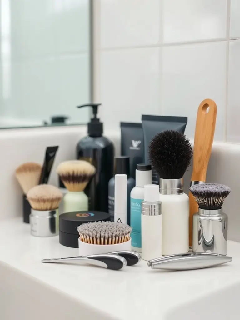 A clean and inviting photo of grooming supplies for dogs and cats, including brushes, shampoos, and nail clippers, presented in an organized manner for a pet product website.