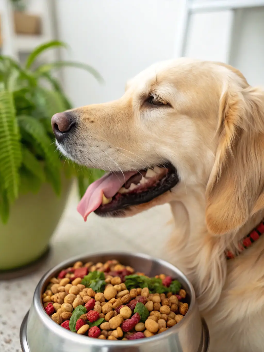 A golden retriever puppy happily eating from a blue bowl filled with nutritious dog food, showcasing a balanced diet for optimal health.